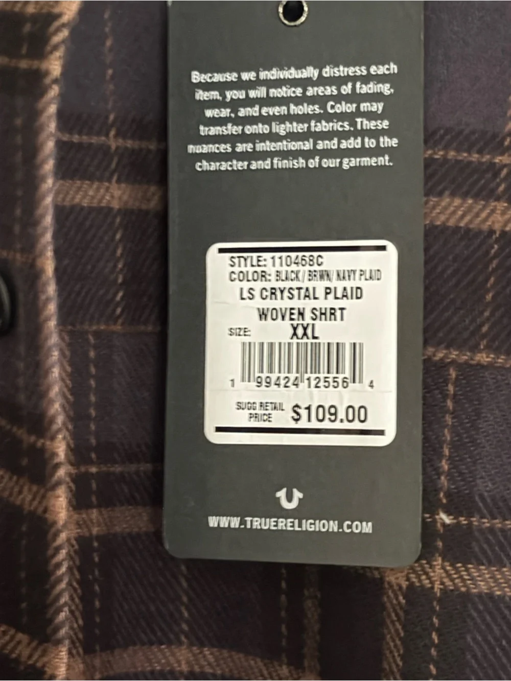 True Religion Black Plaid Lightweight Shirt with Brown Accents